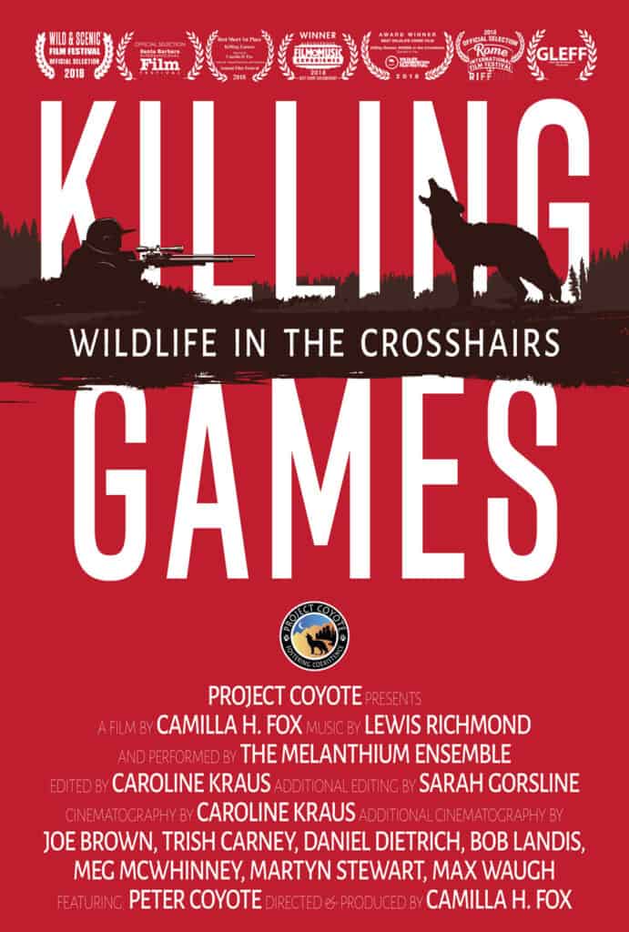 red illustrated book cover showing hunter aiming gun at wild coyote