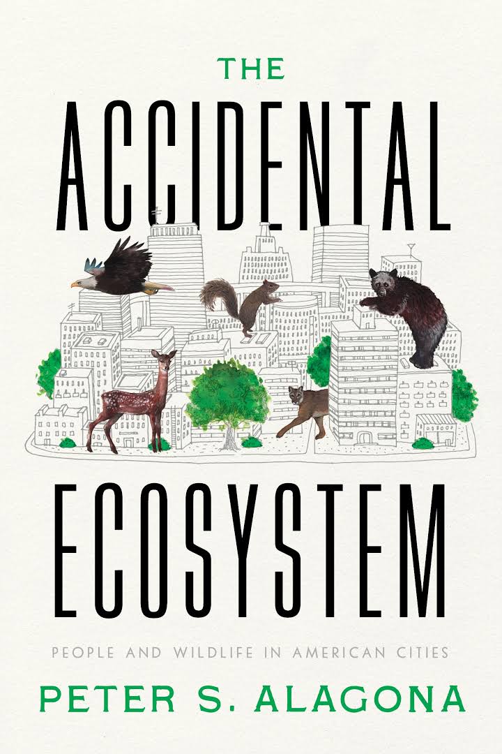 different wild animals surrounding illustrated city