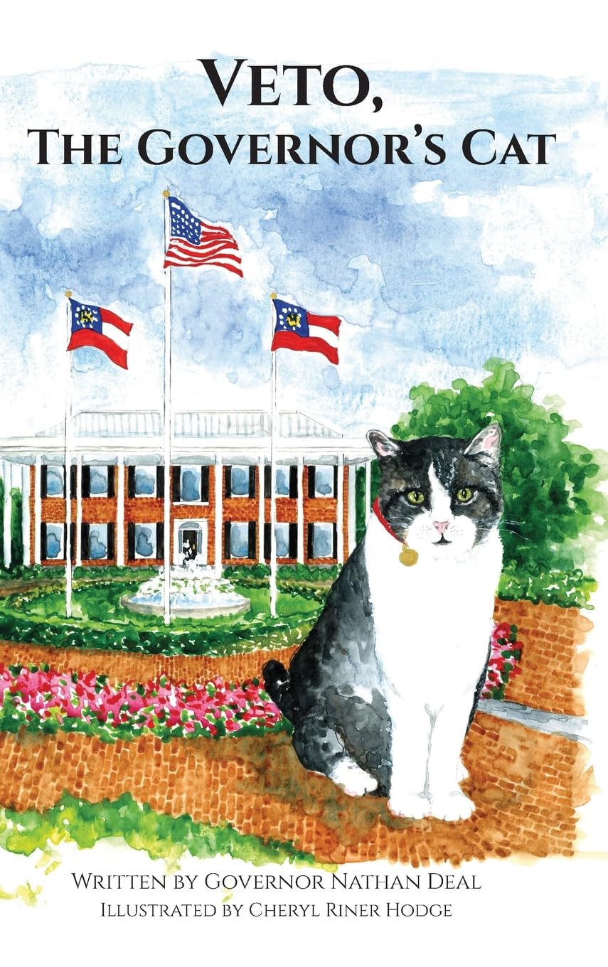 illustrated cat sits outside government building