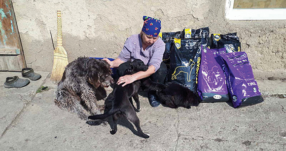 Ukrainian woman with two dogs sitting on the sidewalk