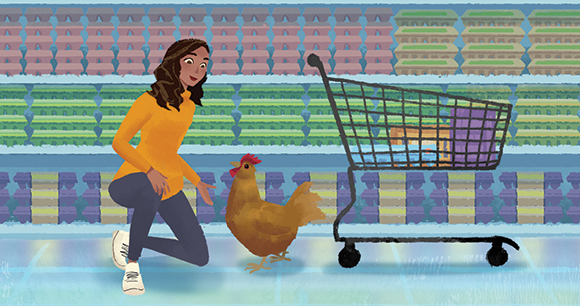 animated shopper speaks to chicken in supermarket egg aisle