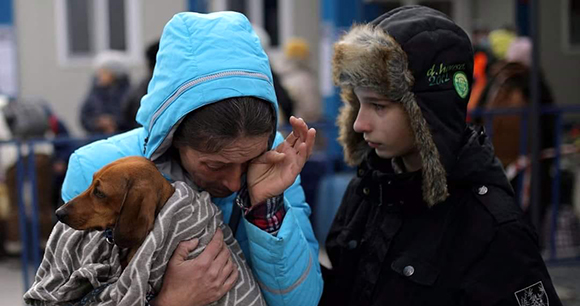 dog held by family escaping war in Odessa