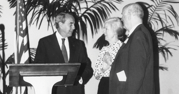 Senator Bob Dole being presented with AWI’s Schweitzer Medal by AWI’s founder, Christine Stevens, and her husband, Roger Stevens, AWI treasurer and founding chairman of the John F. Kennedy Center for the Performing Arts.