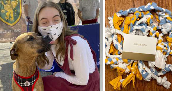 composite image. left: dog licks girl with mask on face. right: thank you note with dog toys