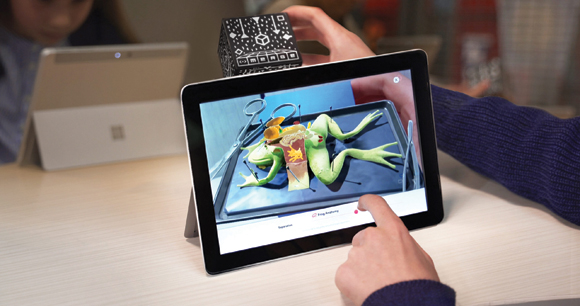 student interacts with merge cube on tablet. digital frog dissection