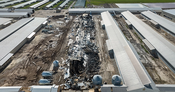 overhead shot of burned chicken barn