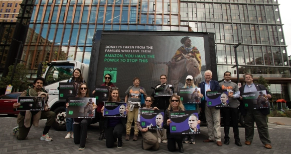 protestors holding stop donkey hide sales in front of amazon building