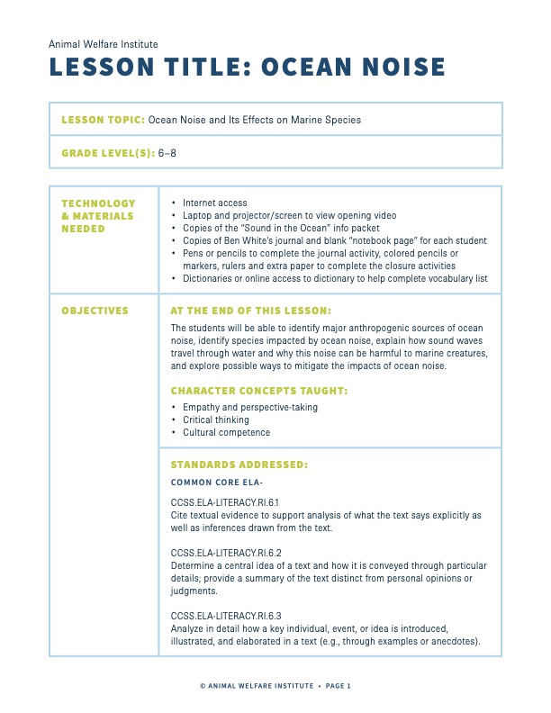 Cover of Ocean Noise Lesson Plan