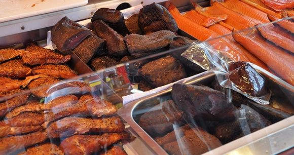 whale meat at food serving counter
