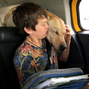 boy embraced by dog in the back seat of a car
