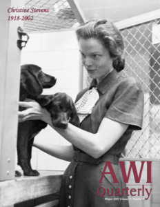 This photograph of Christine Stevens was taken at one of the dog cages at a new shelter of the Humane Society of Washtenaw County, Michigan, shortly after the Animal Welfare Institute’s (AWI) founding in New York City in 1951