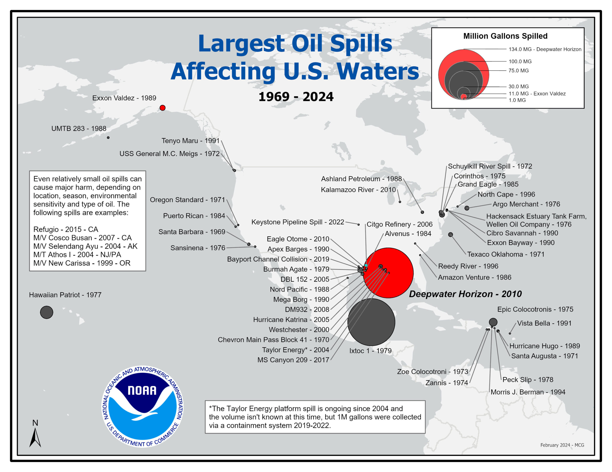 Graphic displaying the largest oil spills affecting U.S. waters between 1969-2024