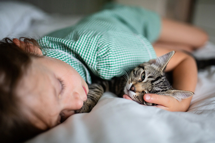 child lying in bed cuddling a cat
