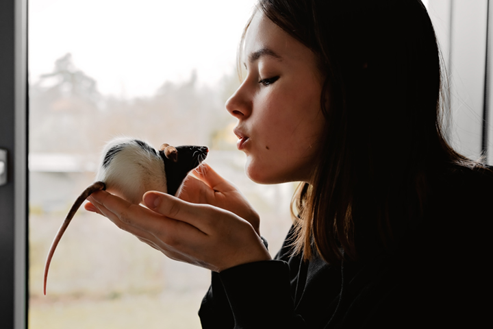 young woman making kissy face at adorable lab rat in her hands